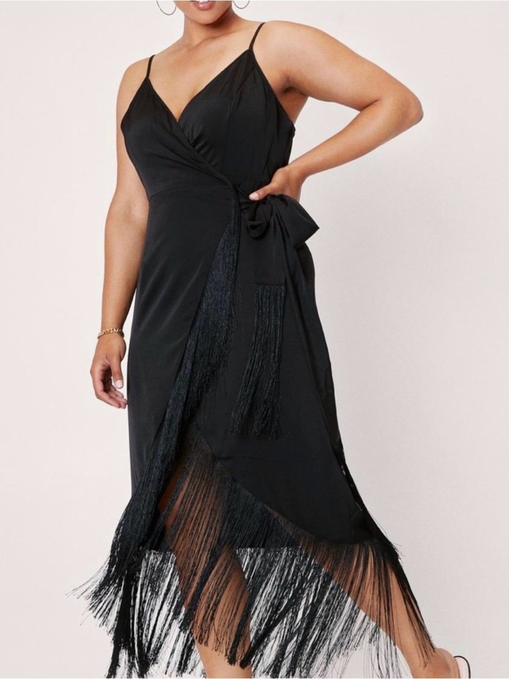 NASTY GAL BLACK SATIN FRINGE DRESS